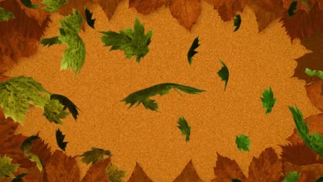 Multiple-autumn-maple-leaves-falling-over-leaves-and-copy-space-against-orange-background