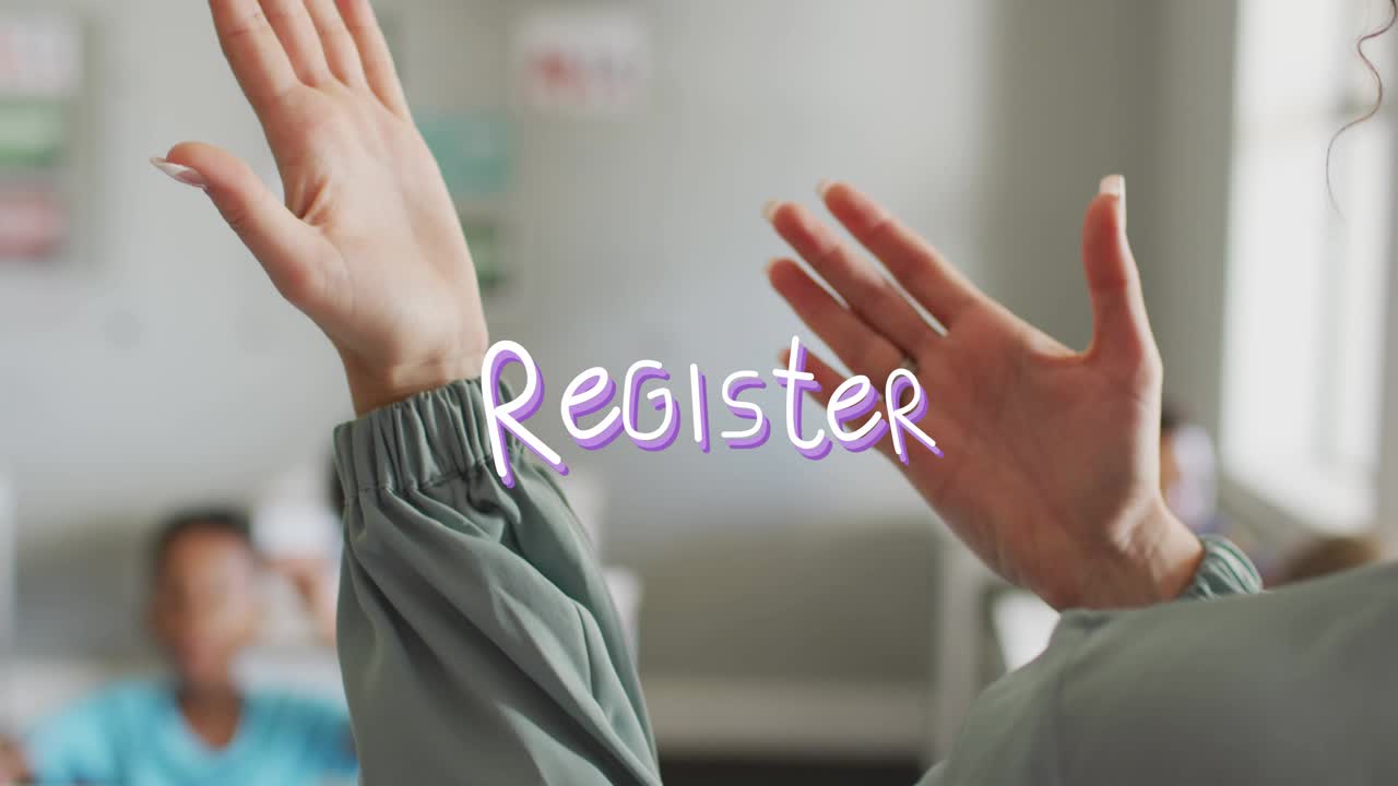 Primary school teacher raising hands engaging students while animated Register text cycling colors