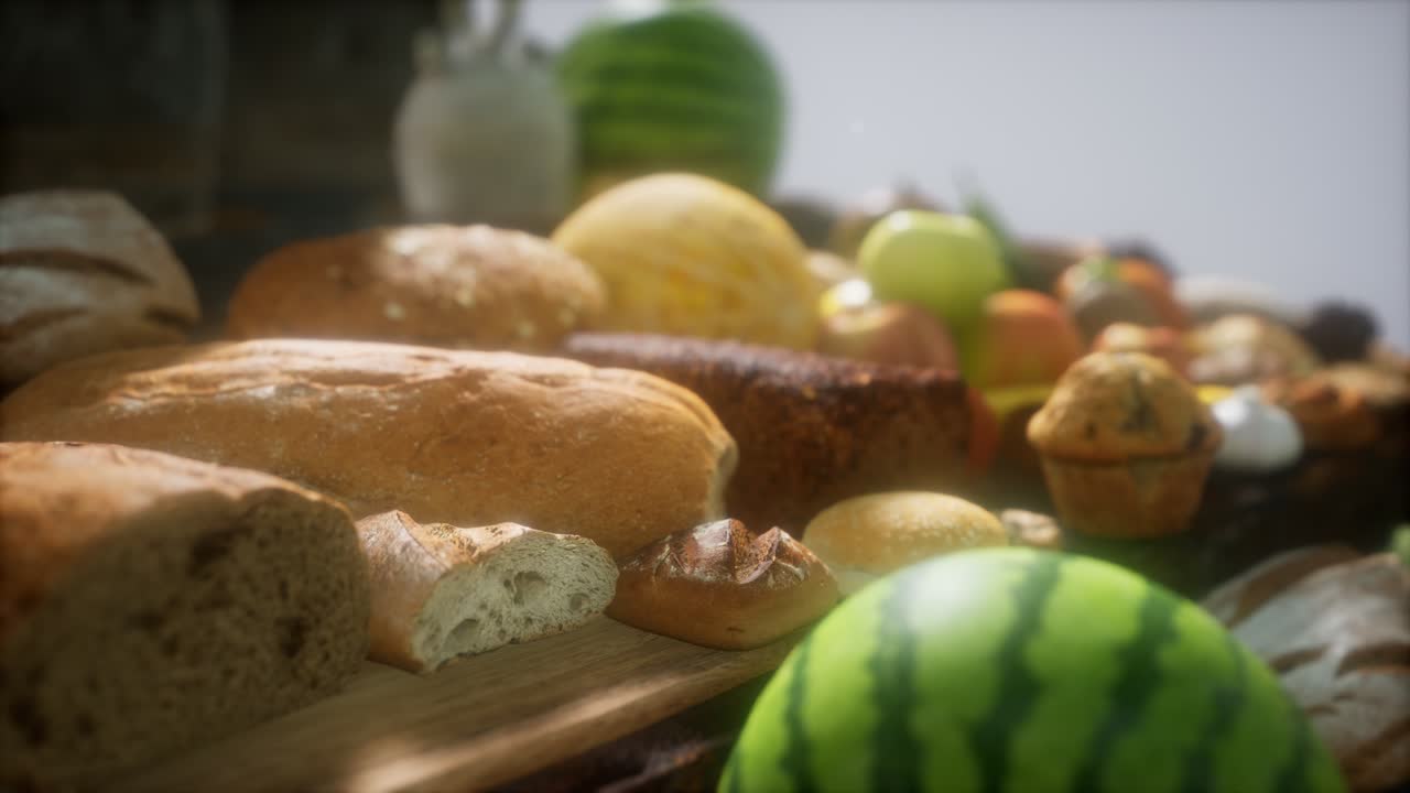 mesa de comida con barriles de vino y algunas frutas, verduras y pan
