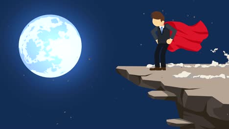 superhero businessman standing on cliff ready for challenge. business symbol. challenge and success concept. comic loop animation.