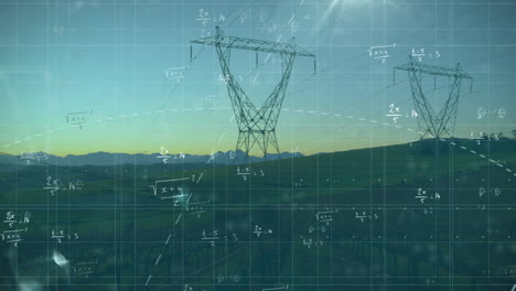 mathematical equations and formulas animation over power lines in rural landscape