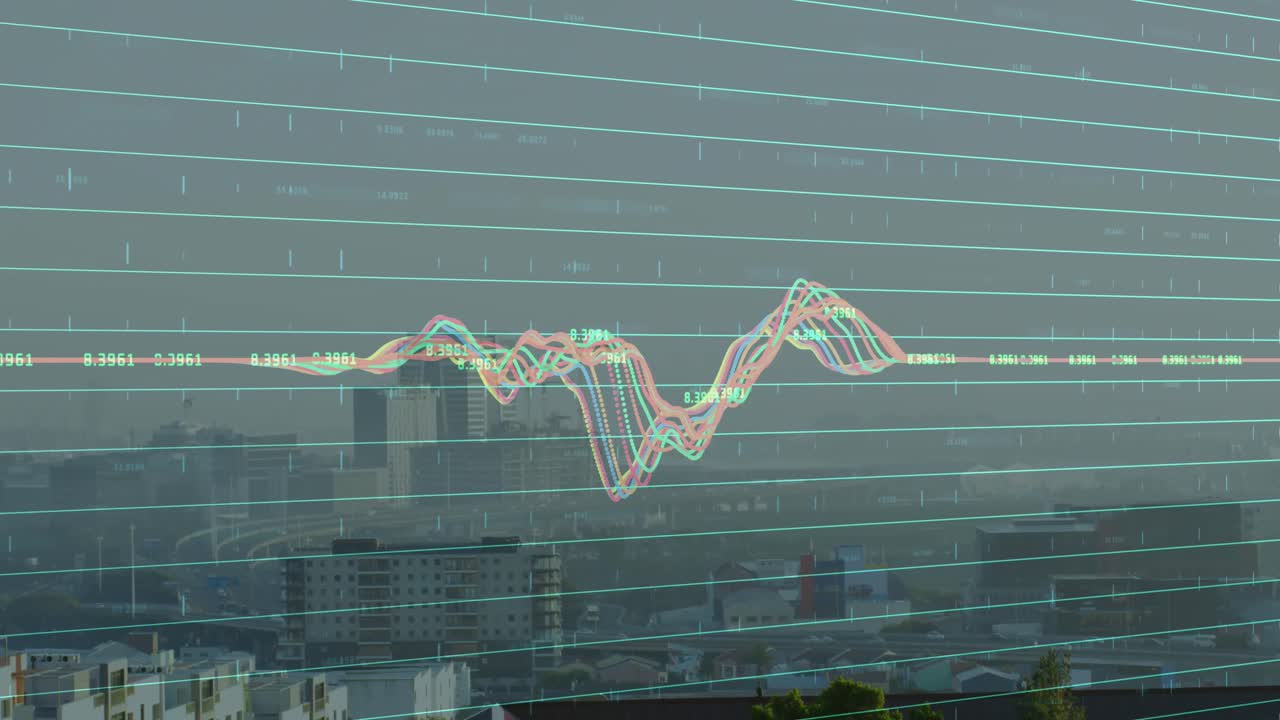 animación del procesamiento de datos frente a una vista aérea del paisaje urbano