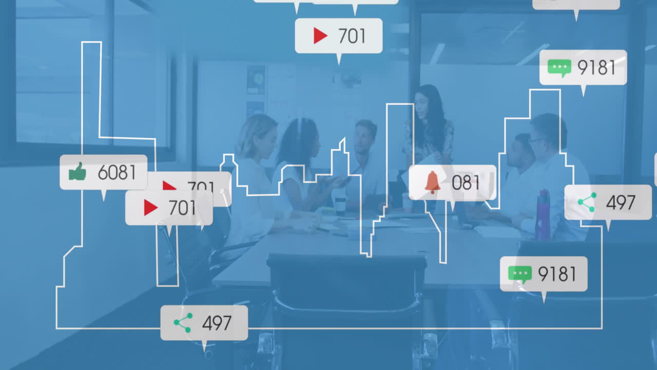 소셜 미디어 참여 아이콘: 회의에서 다양한 비즈니스 팀에 대한 애니메이션