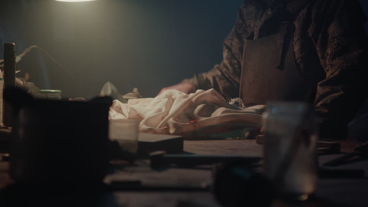 A man in the dark workshop unveil a homemade bomb