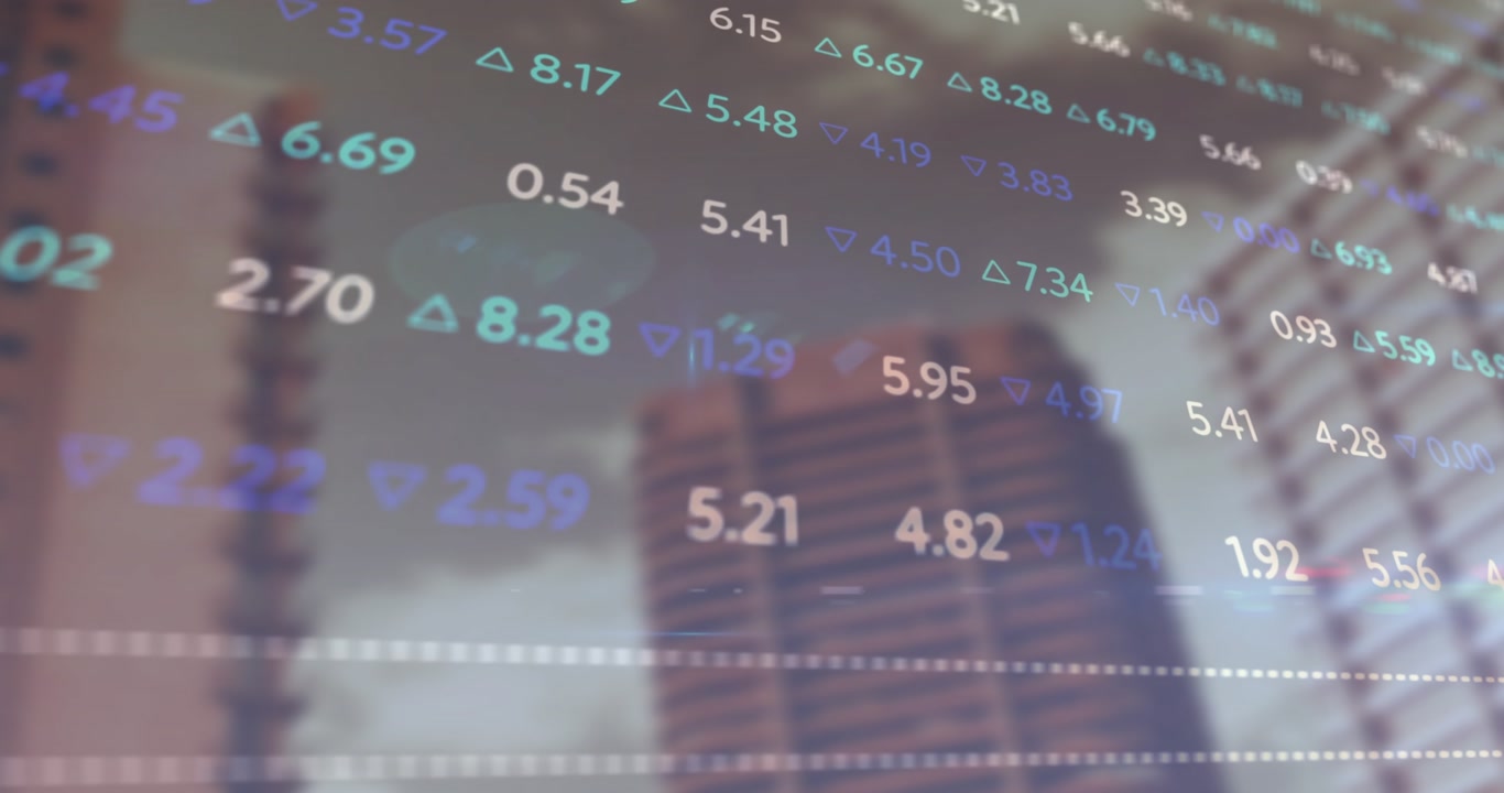 On load skyscraper blurring, scrolling tickers and oscillating line graph showing market movement