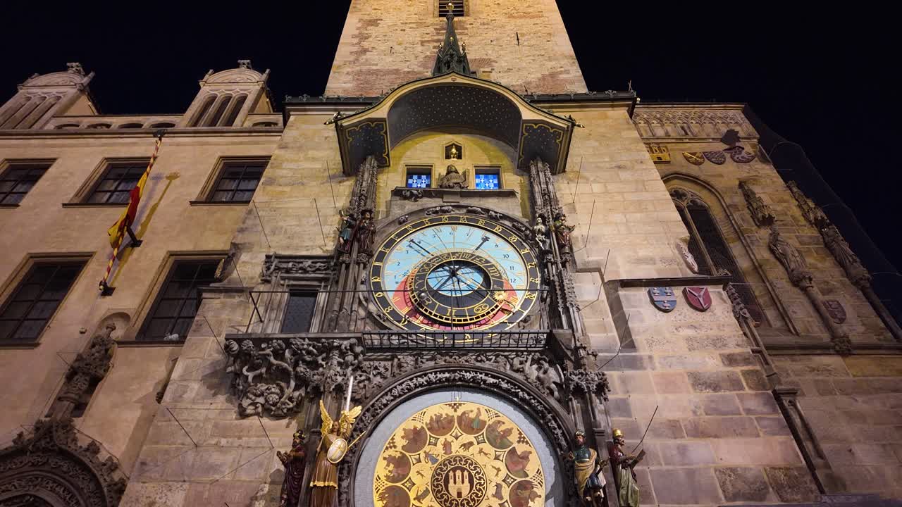 Prague's Astronomical Clock tower at night, showcasing its historic architecture and illuminated facade