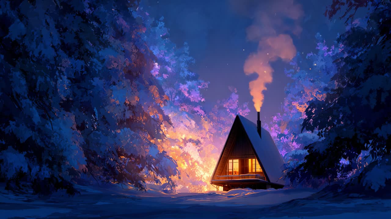 A cozy cabin aglow amidst a serene winter landscape, surrounded by snow-covered trees, with smoke gently rising from its chimney under a starry night sky, inviting warmth and tranquility