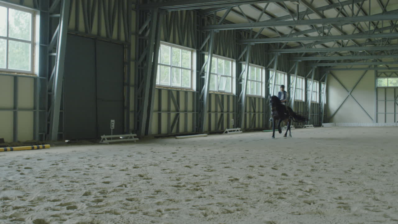 Equestrian Training Session in a Large Indoor Riding Arena