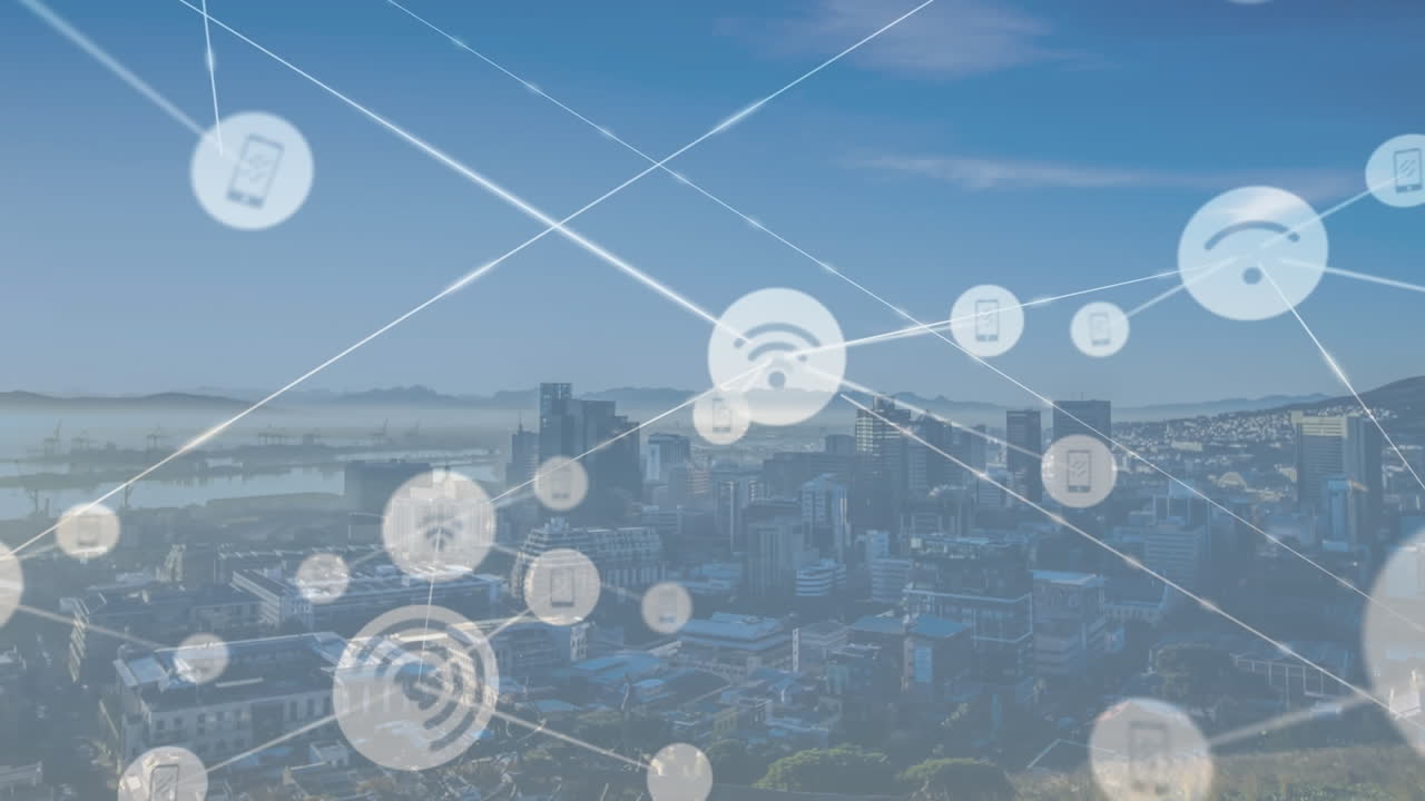 도시 풍경에 대한 연결 네트워크와 데이터 처리의 애니메이션