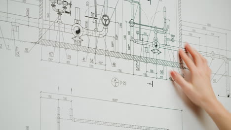 person's hand pointing at a technical blueprint