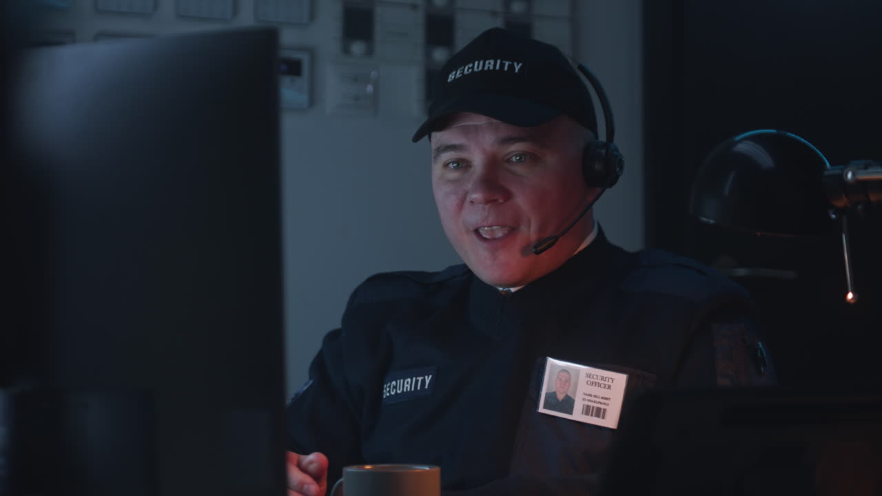 Security Guard Monitoring Screens in a Control Room
