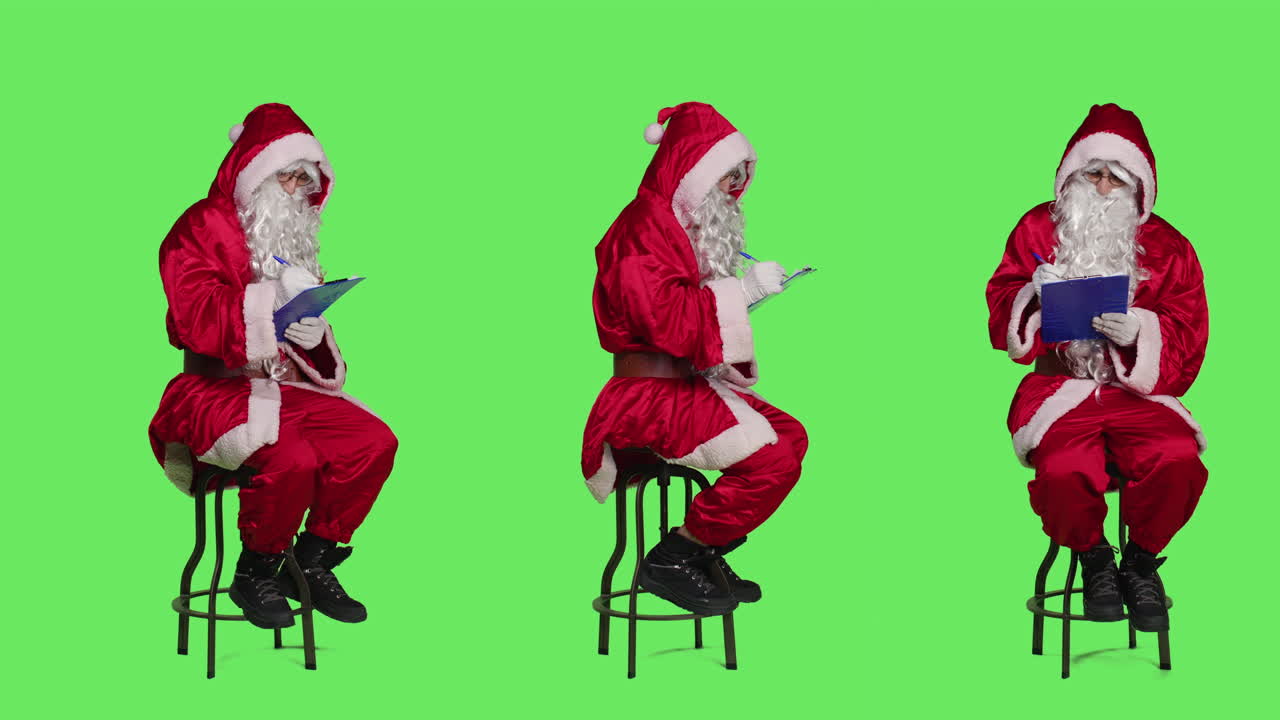 Santa Claus checking his list on a green screen