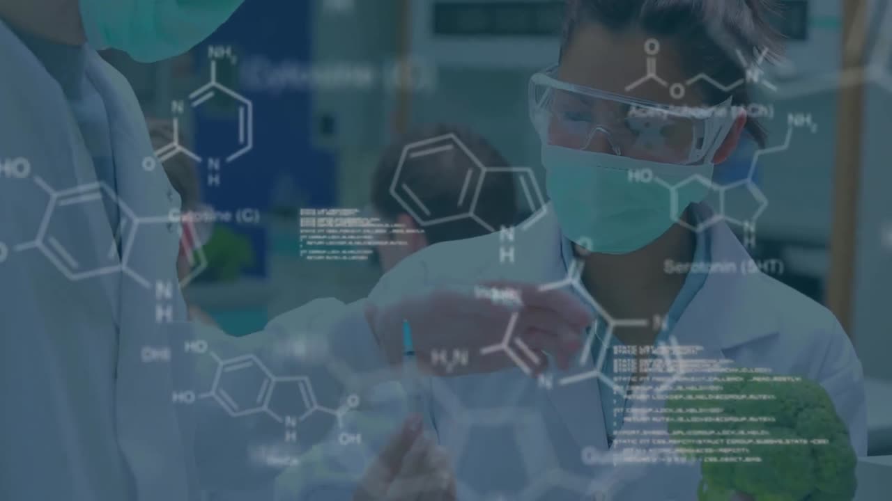 채소와 함께 코카시안 남성과 여성 과학자에 대한 데이터 처리 애니메이션