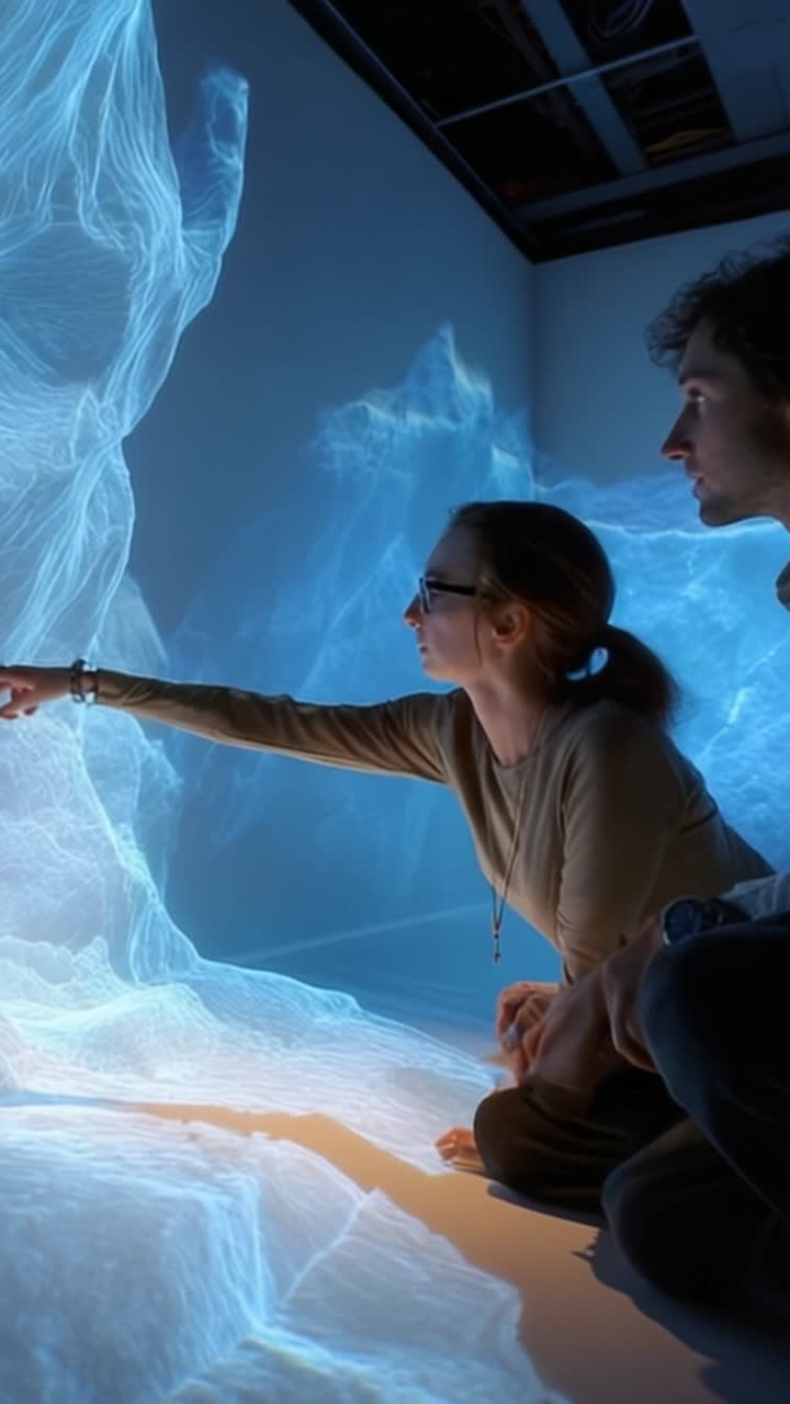Exploring a Stunning Visual Experience: Two Individuals Engaged with Ethereal Light Projections Transcending the Boundaries of Traditional Art Forms