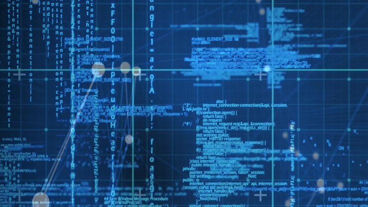Animation of data processing and grid over blue background
