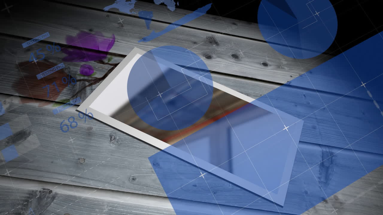 Animation of abstract geometric shapes with text on wooden surface background