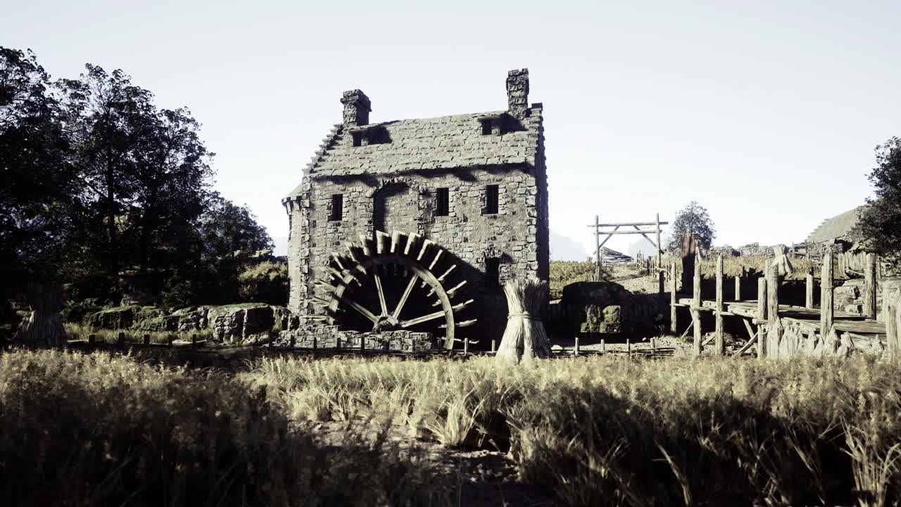 Historic watermill surrounded by fields in a rural landscape during daylight
