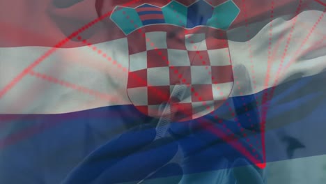 animation of flag of croatia waving over doctor wearing face mask and holding vaccine