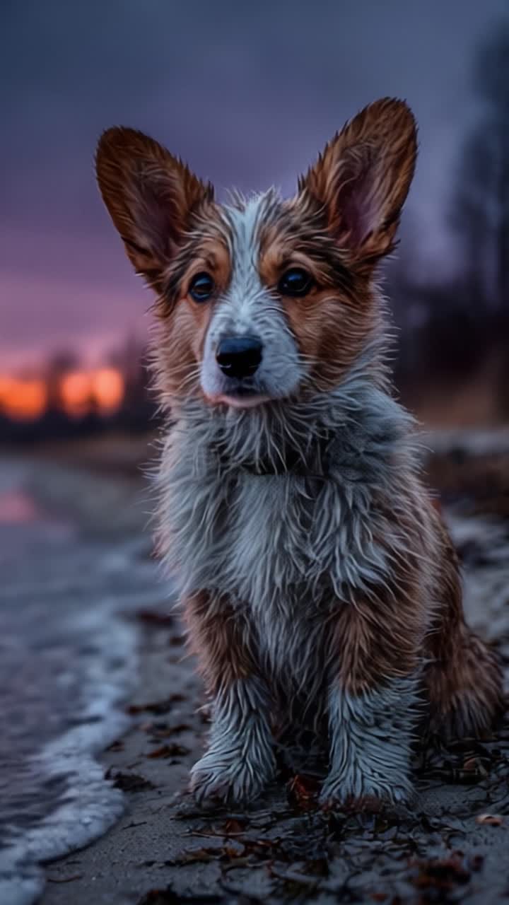 Gün batımında bir plajda sevimli Corgi yavrusu: Güzel bir gün batımı fonunda ıslak, oyuncu bir Corgi'nin ilgi çekici ifadelerini yakalamak
