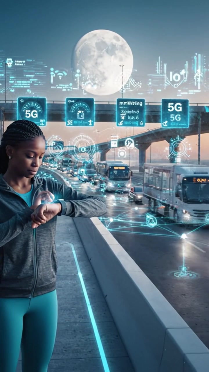 A futuristic urban landscape showcasing advanced transportation systems illuminated by a full moon, highlighting the integration of technology in modern commutes.