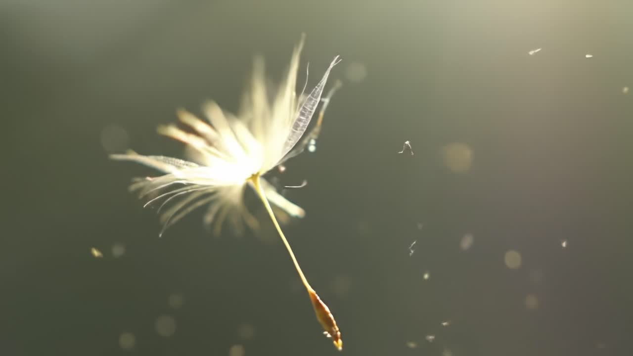 A delicate dandelion seed dances gracefully through the air, illuminated by soft sunlight, showcasing the beauty of nature's fleeting moments and vibrant energy