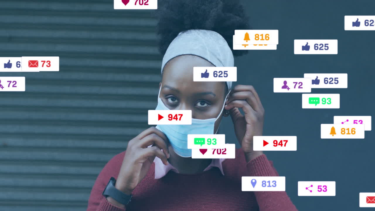 Woman adjusting mask straps while social media marketing notifications floating around her