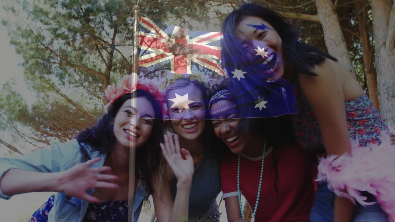 Smiling friends waving with Australian flag animation overlay on screen