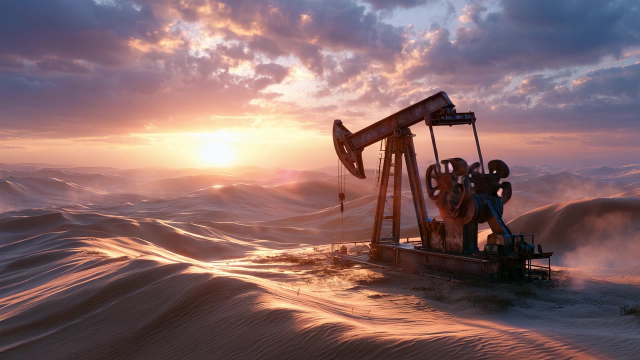 A Serene Sunset Over an Oil Pump Jack in a Desert Landscape, Capturing the Industrial Heart of Petroleum Extraction Amidst Nature's Breathtaking Beauty