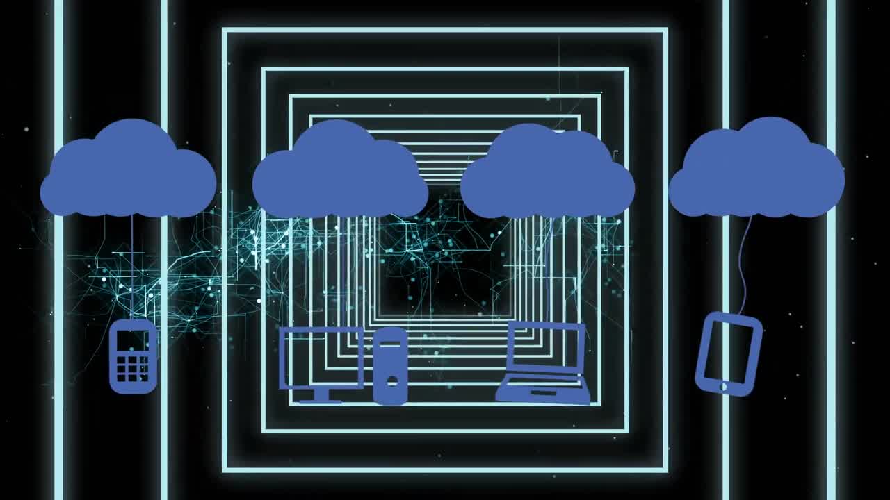 Animation of clouds with icons over neon squares