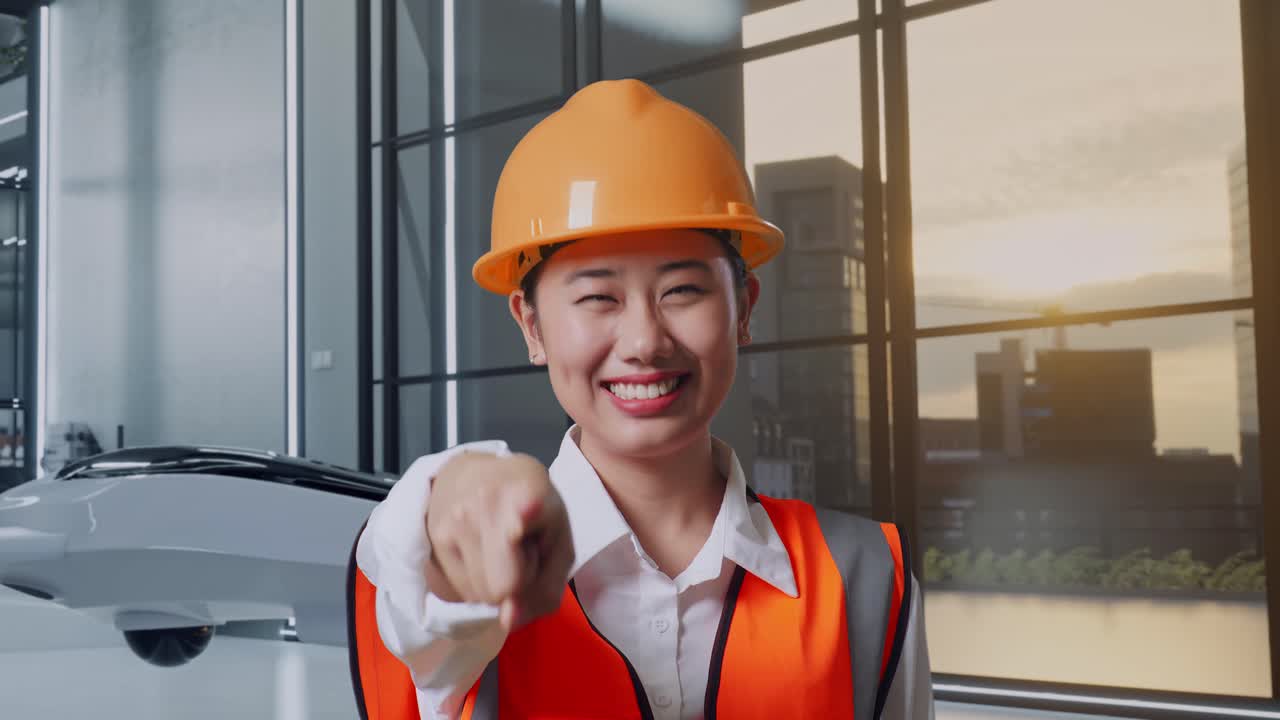 미소 짓는 여성 엔지니어가 가리키고