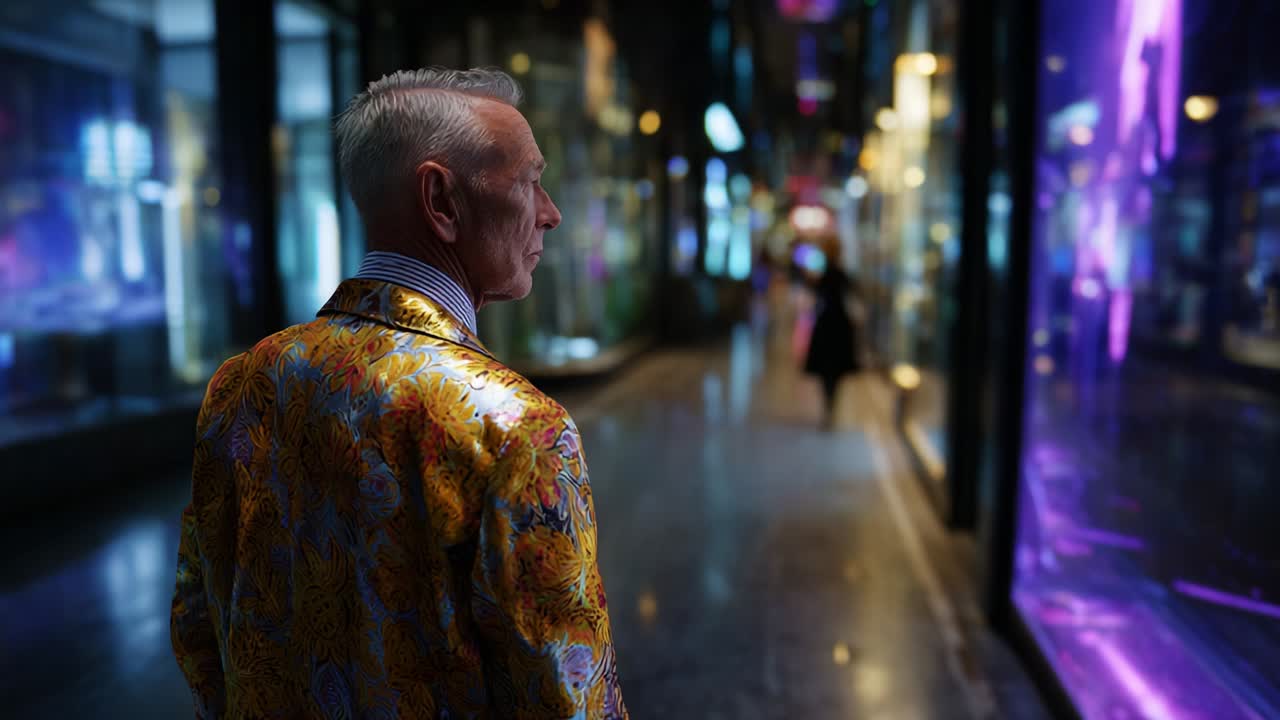 Un hombre elegantemente vestido con una chaqueta estampada y llamativa pasea por una calle urbana bien iluminada de noche, cautivado por las luces brillantes y los reflejos en los escaparates que le rodean.