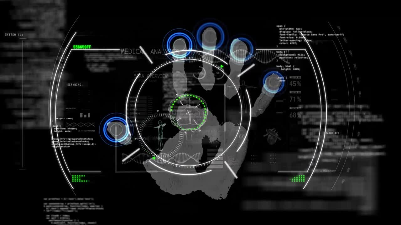 Animation of data processing over biometric handprint