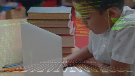animation of data processing over biracial boy using laptop