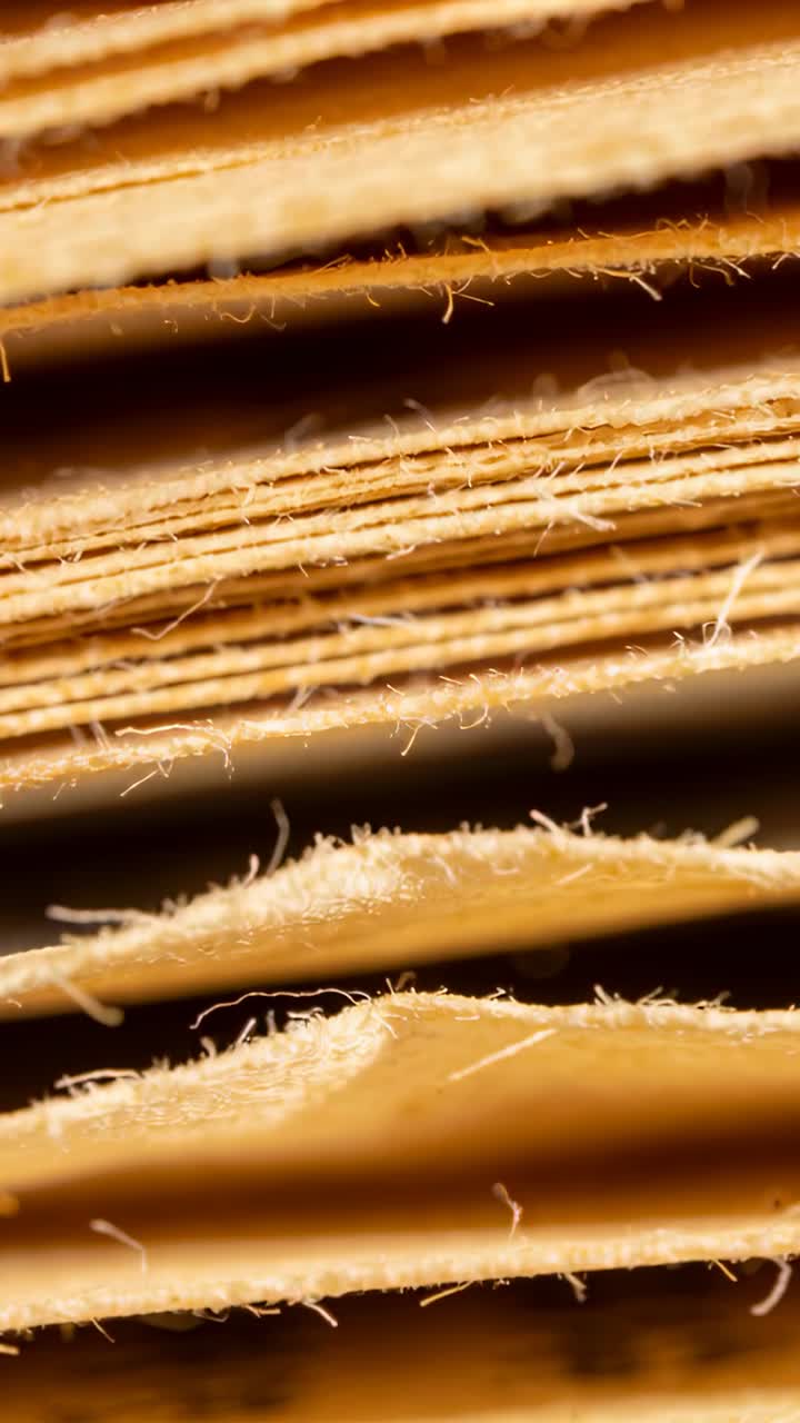 Video verticale: Cambio di messa a fuoco, la telecamera si muove attraverso cartone ondulato impilato, rivelando le fibre.