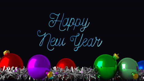 animation of happy new year text over christmas decorations