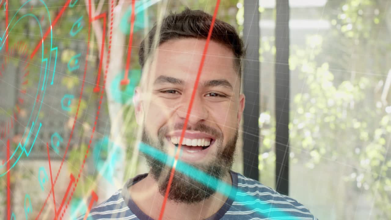 Man before glass window smiling and laughing as red teal overlay appearing, showing technology demo