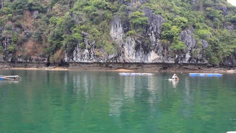 vietnamese woman on a small boat using a basin as a paddle