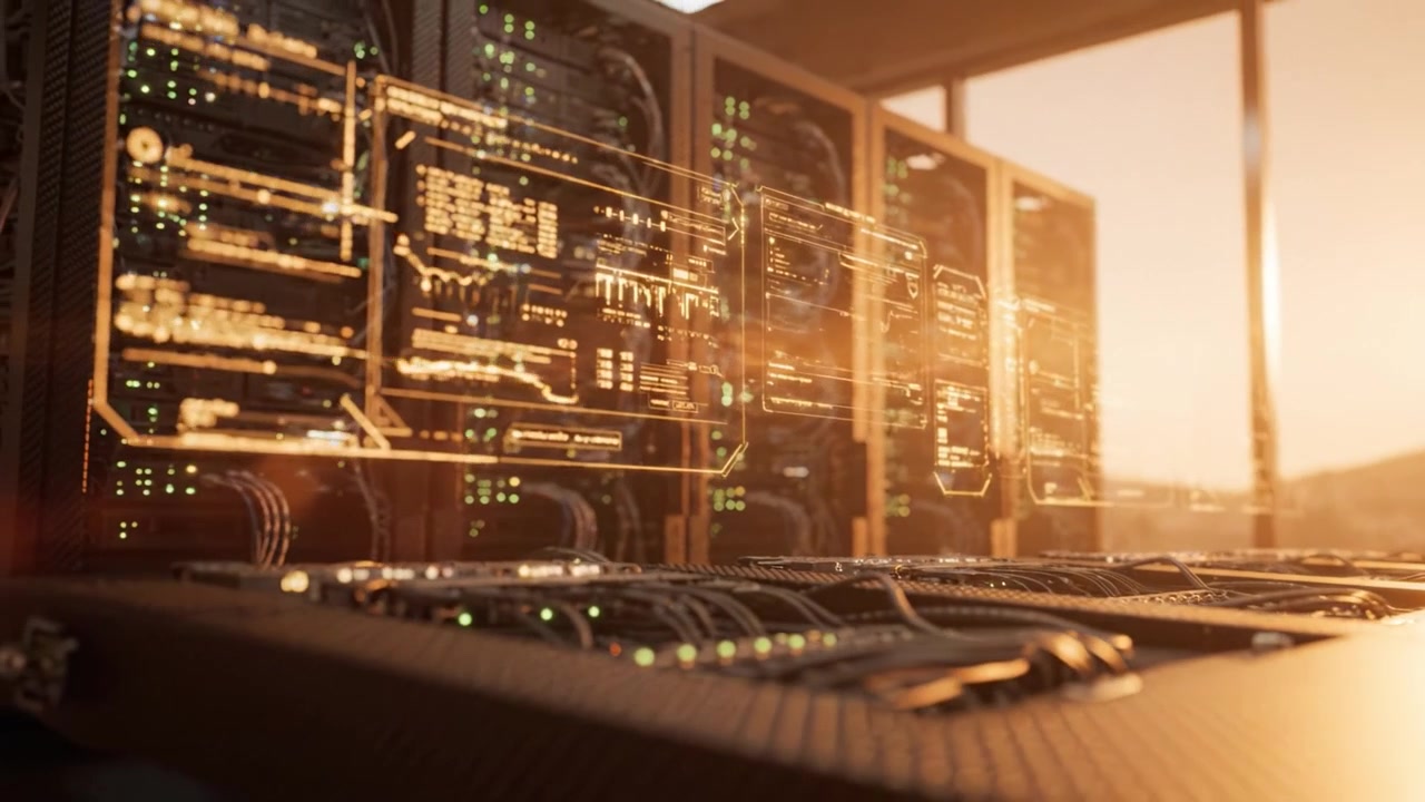 High-Tech Server Room at Sunset: A Glimpse into Advanced Computing and Data Processing with Aesthetic Lighting and Modern Infrastructure