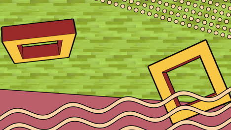 animación de cuadrados giratorios con elementos gráficos rosados y amarillos, sobre un patrón amarillo