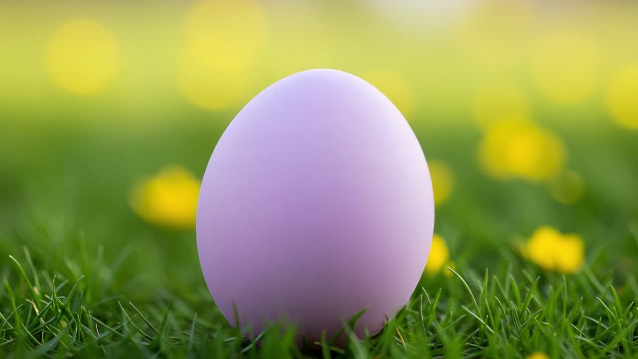 A Beautiful Purple Egg Nestled Amongst Lush Green Grass and Vibrant Yellow Flowers in a Bright Outdoor Setting