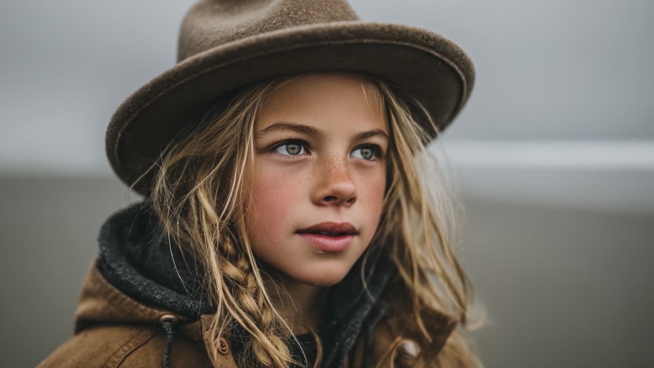 Portrait d'une jeune fille aux cheveux blonds, vêtue d'un bonnet chaud et d'une veste marron, dégageant de la confiance sur un fond gris doux