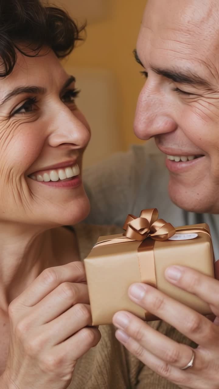 Video verticale: uomo che offre una scatola dorata a una donna in casa, che si protendono per prenderla, condividendo amore indossando top casual