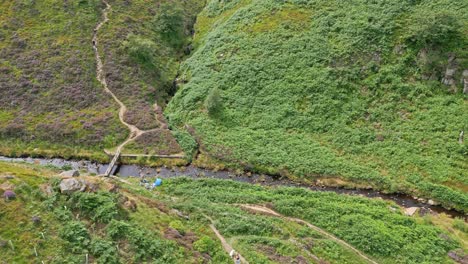 Luftvideoaufnahmen-Von-Einem-Fußweg-Und-Einem-Bach,-Einem-Fluss,-Der-Eine-Kleine-Brückenstruktur-Mit-Menschen-Zeigt,-Die-Sich-Am-Flussufer-Ausruhen