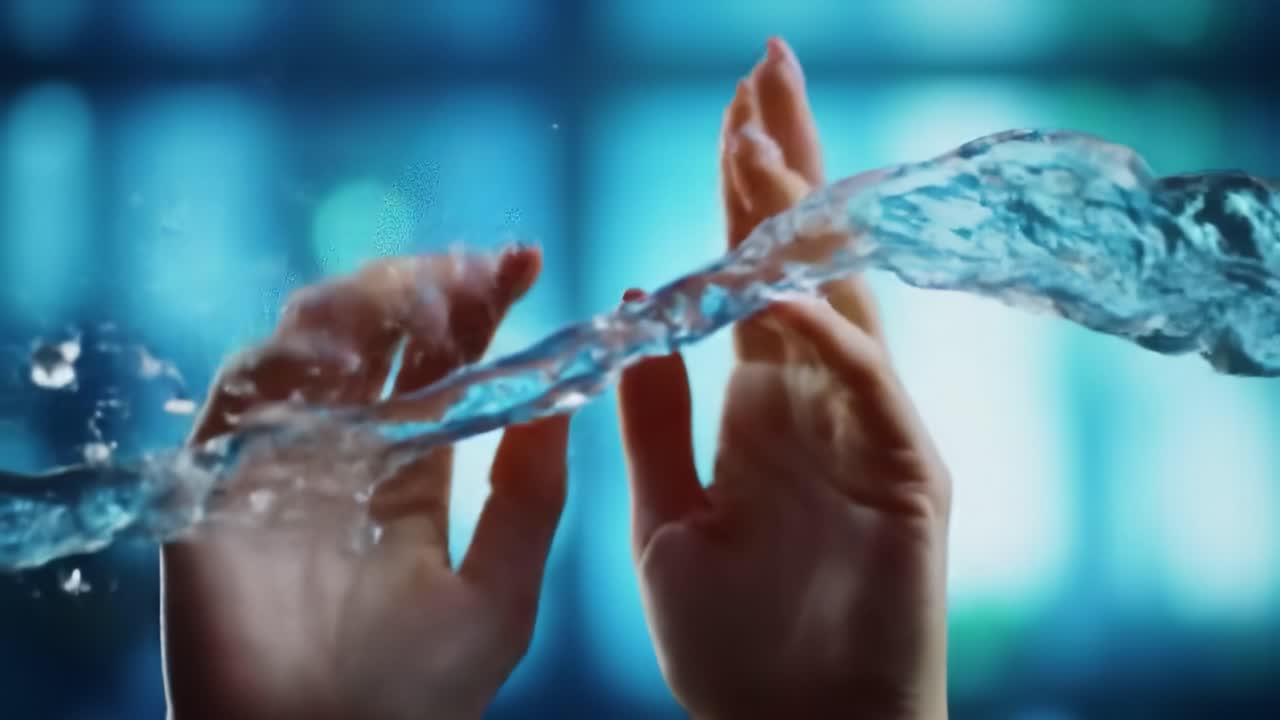 Playful hands interact with flowing water, creating dynamic splashes against a vibrant blue backdrop. This highlights the beauty of movement and creativity in a stunning artistic display.