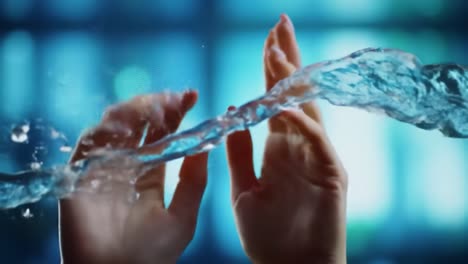 playful hands interact with flowing water, creating dynamic splashes against a vibrant blue backdrop. this highlights the beauty of movement and creativity in a stunning artistic display.