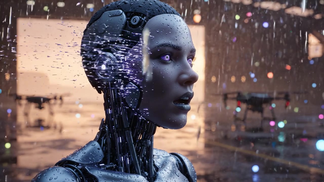 Un robot umanoide futuristico si erge in un ambiente intriso di pioggia, mostrando intricate caratteristiche metalliche e occhi luminosi, evidenziando la fusione di tecnologia e bellezza.