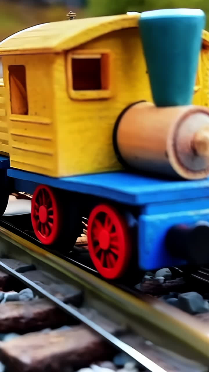 A toy train is on a track with a yellow and blue caboose. The train is small and made of wood