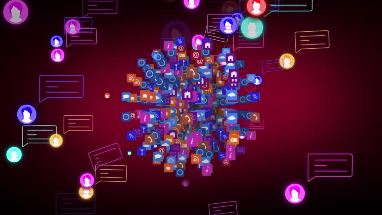 빨간색 배경에 있는 미디어 아이콘과 지구의 애니메이션