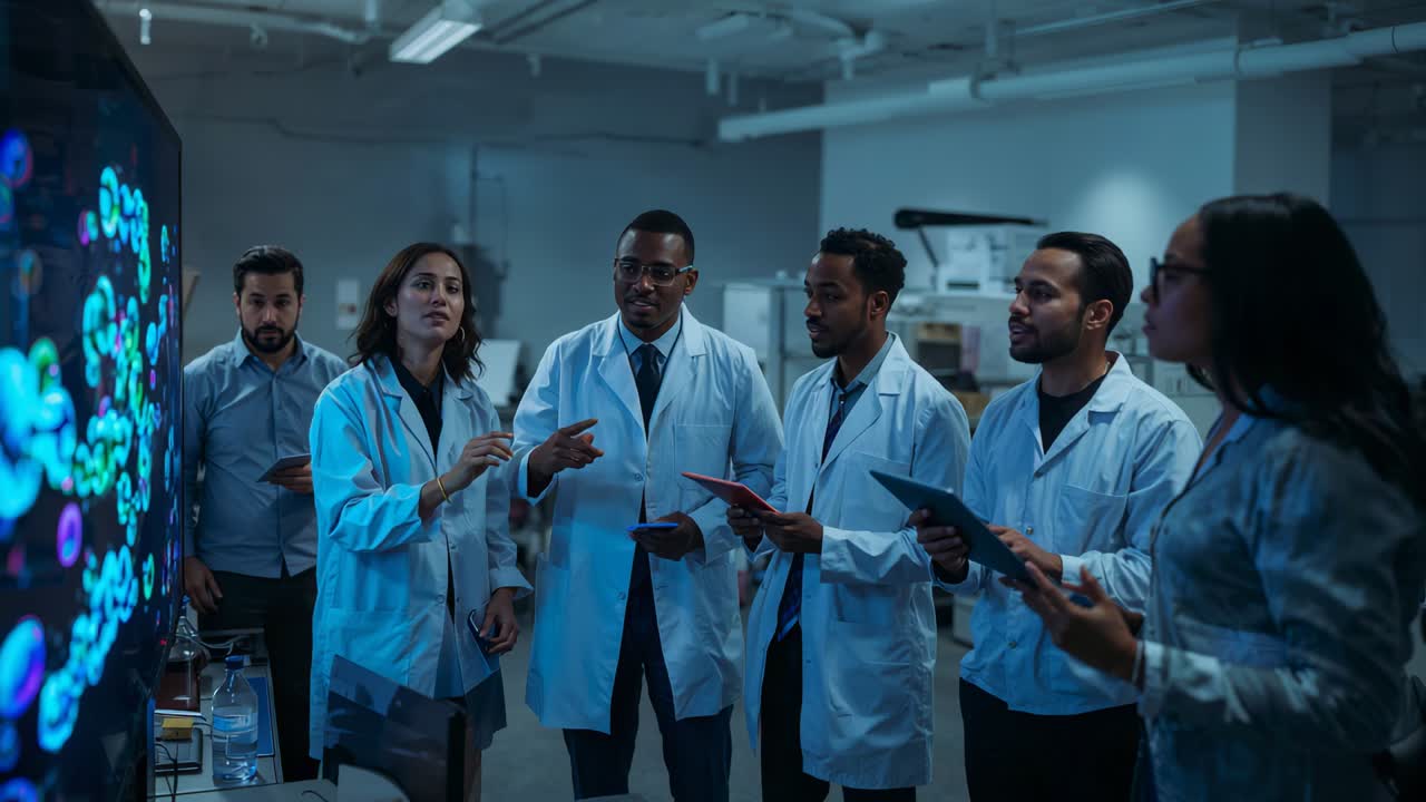 Speaking woman starting talk, lab-coated team pointing at cell visuals in lab, planning via tablets