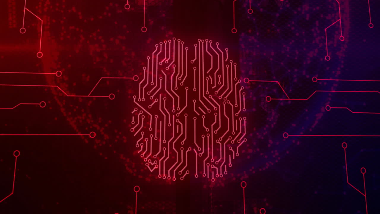 Animation of digital data processing over computer circuit board brain
